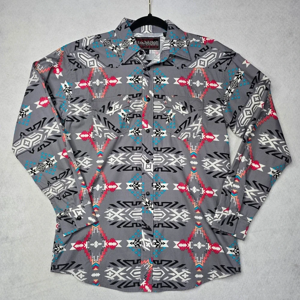 Rock & Roll Cowboy Boys XL Grey Aztec Western Snap Long Sleeve Shirt B8S2315